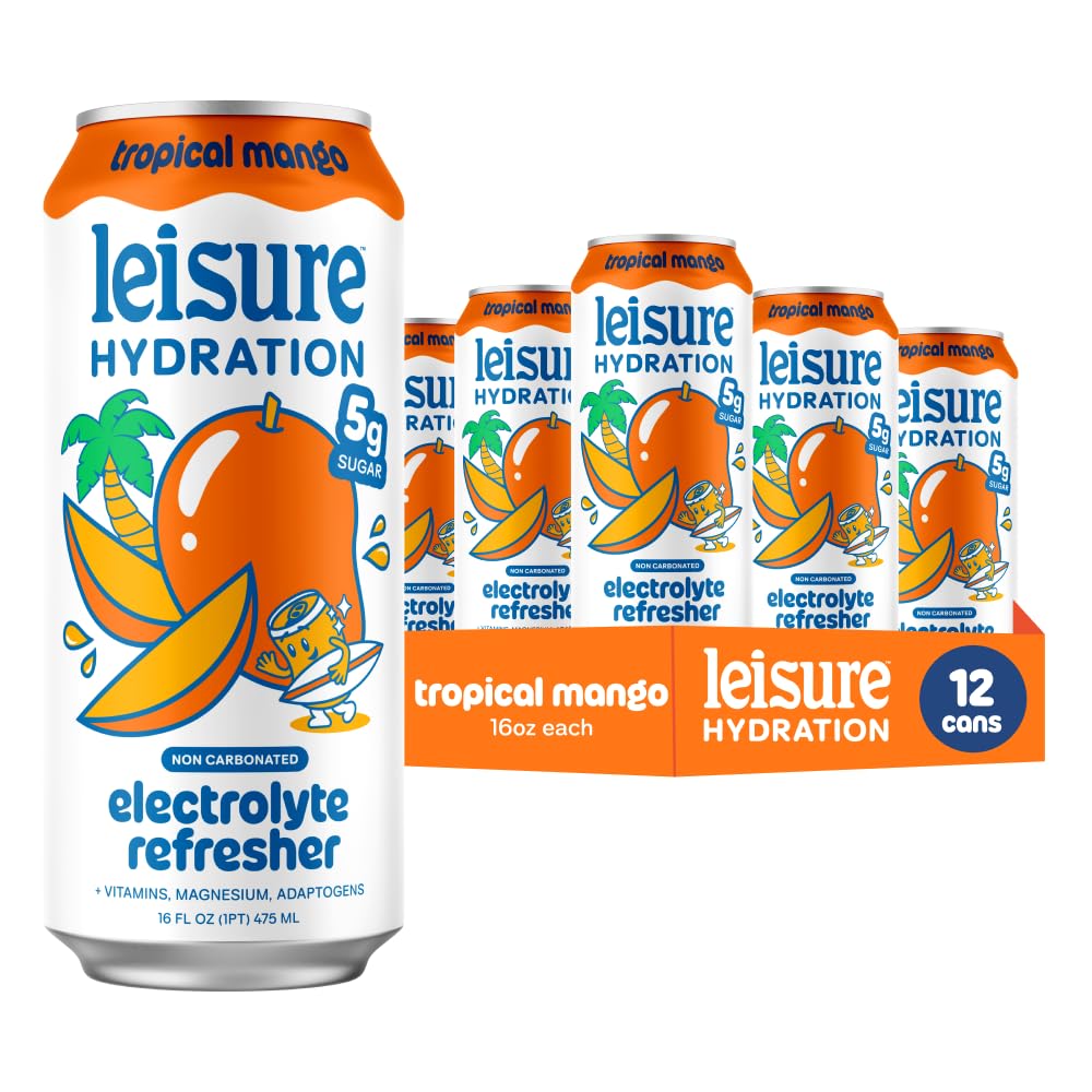 Leisure can front view showing tropical mango design and hydration benefits
