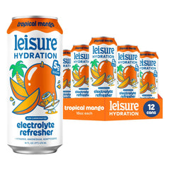 Leisure can front view showing tropical mango design and hydration benefits