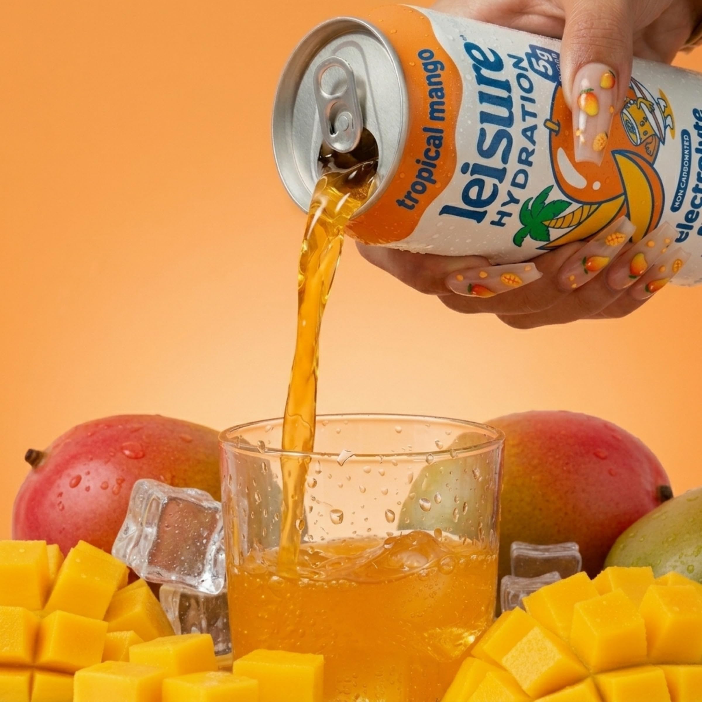 Leisure can on a table with fruit showcasing tropical mango flavor lifestyle