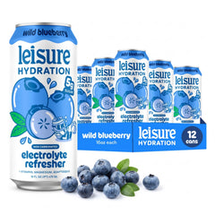 Leisure front can showing Wild Blueberry label and recyclable 16 oz design for convenient hydration