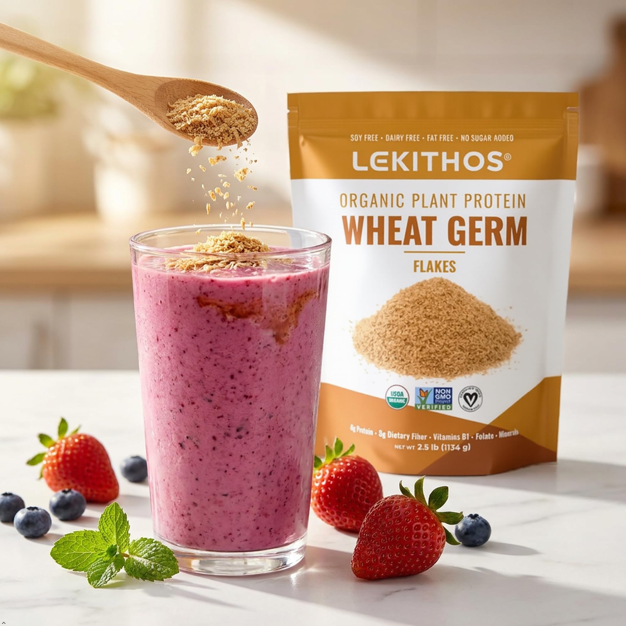 Close-up of Lekithos wheat germ flakes texture highlighting natural fiber and protein-rich bits