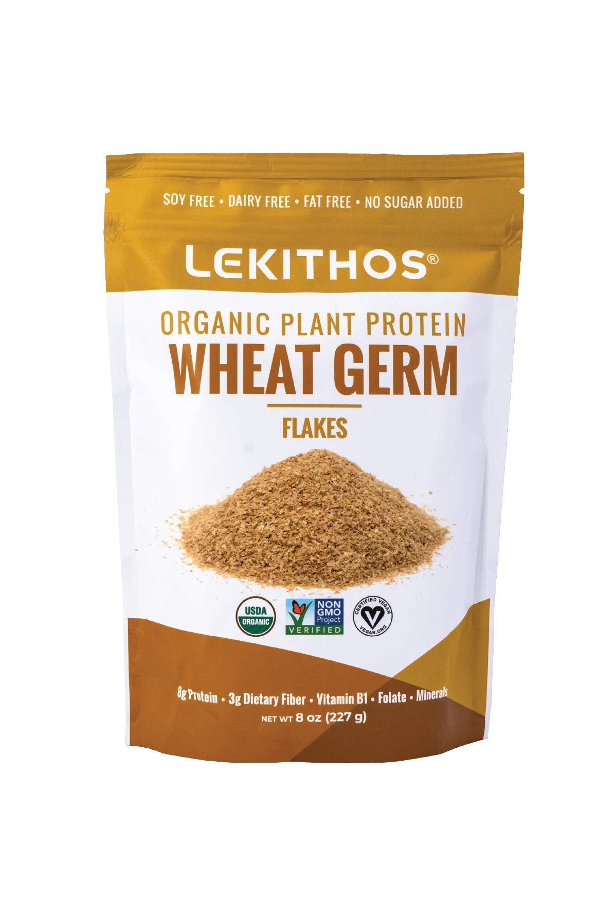 Lekithos front packaging of 8oz wheat germ showcasing organic seal and clean label benefits