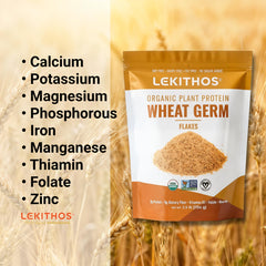 Open jar of Lekithos wheat germ flakes top view showing easy-to-scoop, ready-to-use texture