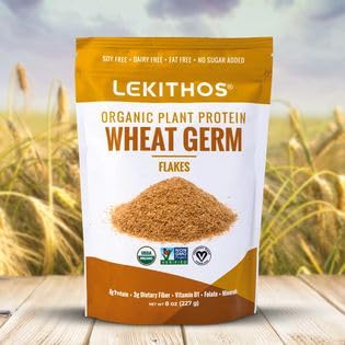 Breakfast table scene with Lekithos wheat germ flakes in cereal and yogurt for daily boost