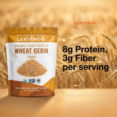 Spoon with a serving of Lekithos wheat germ flakes demonstrating portion size and convenience