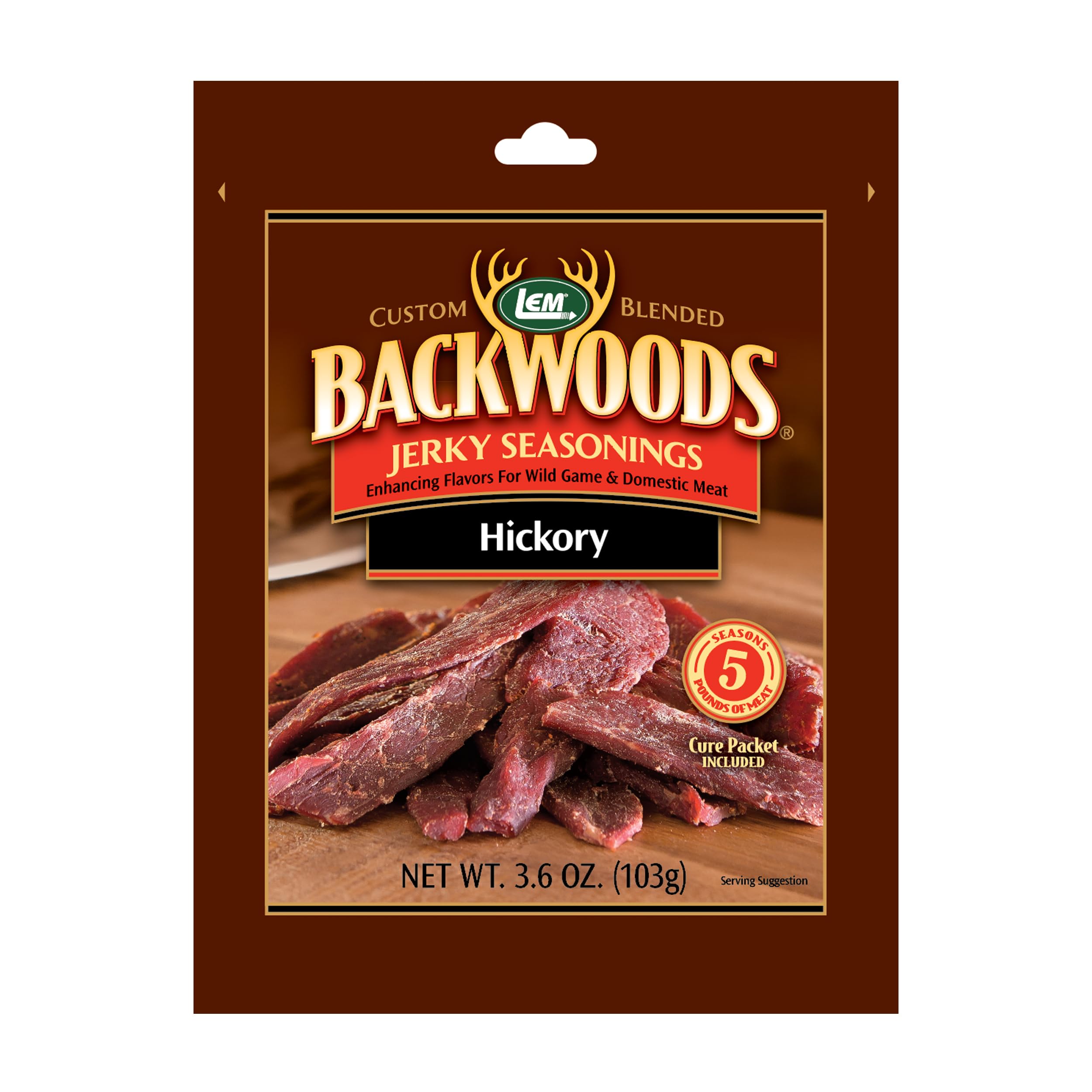 LEM front packaging showing Backwoods Hickory seasoning, clear label and benefit