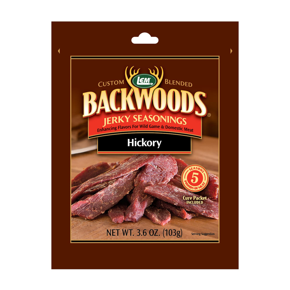 LEM front packaging showing Backwoods Hickory seasoning, clear label and benefit