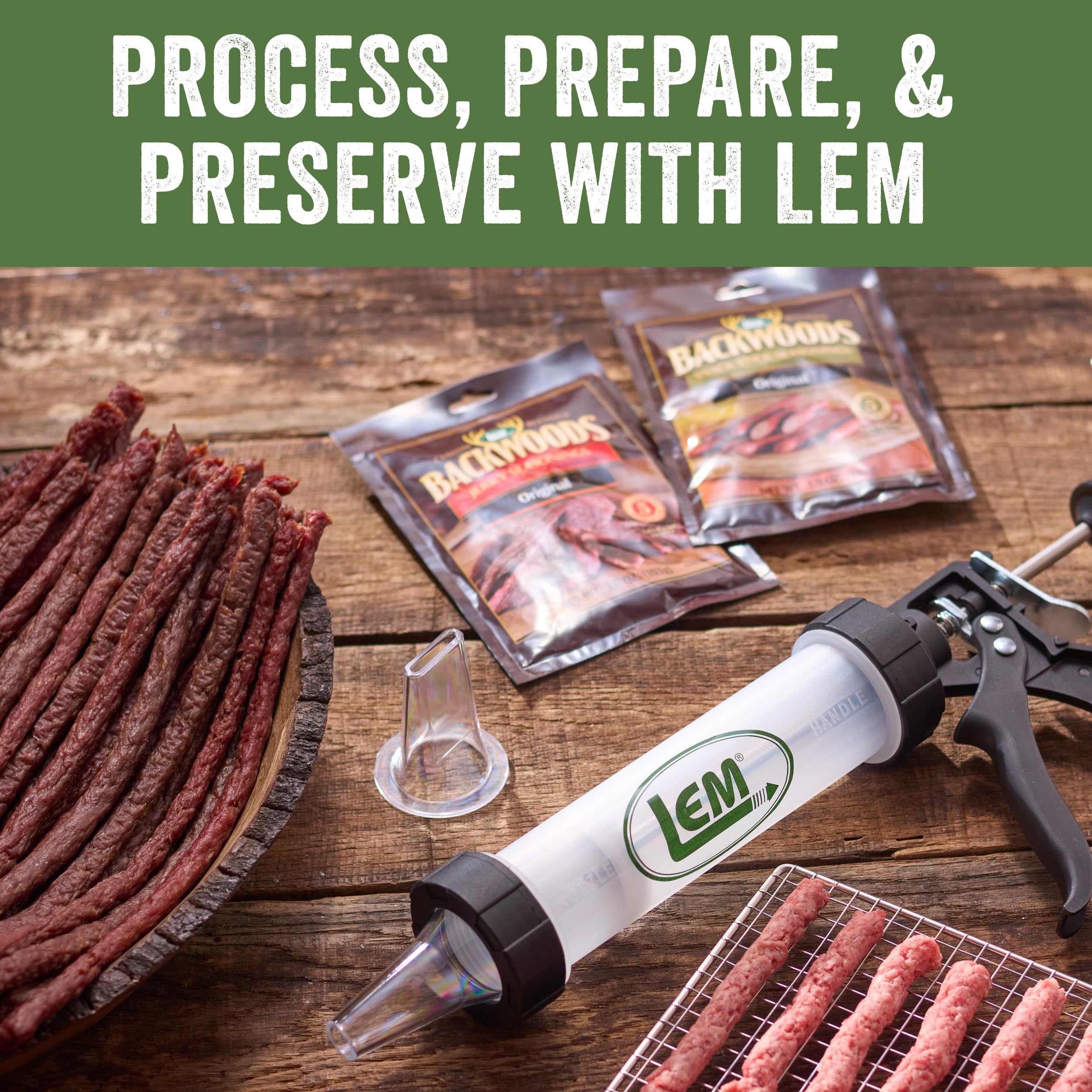 LEM packet beside a kitchen scale and meat cut to show 25 pound yield reference