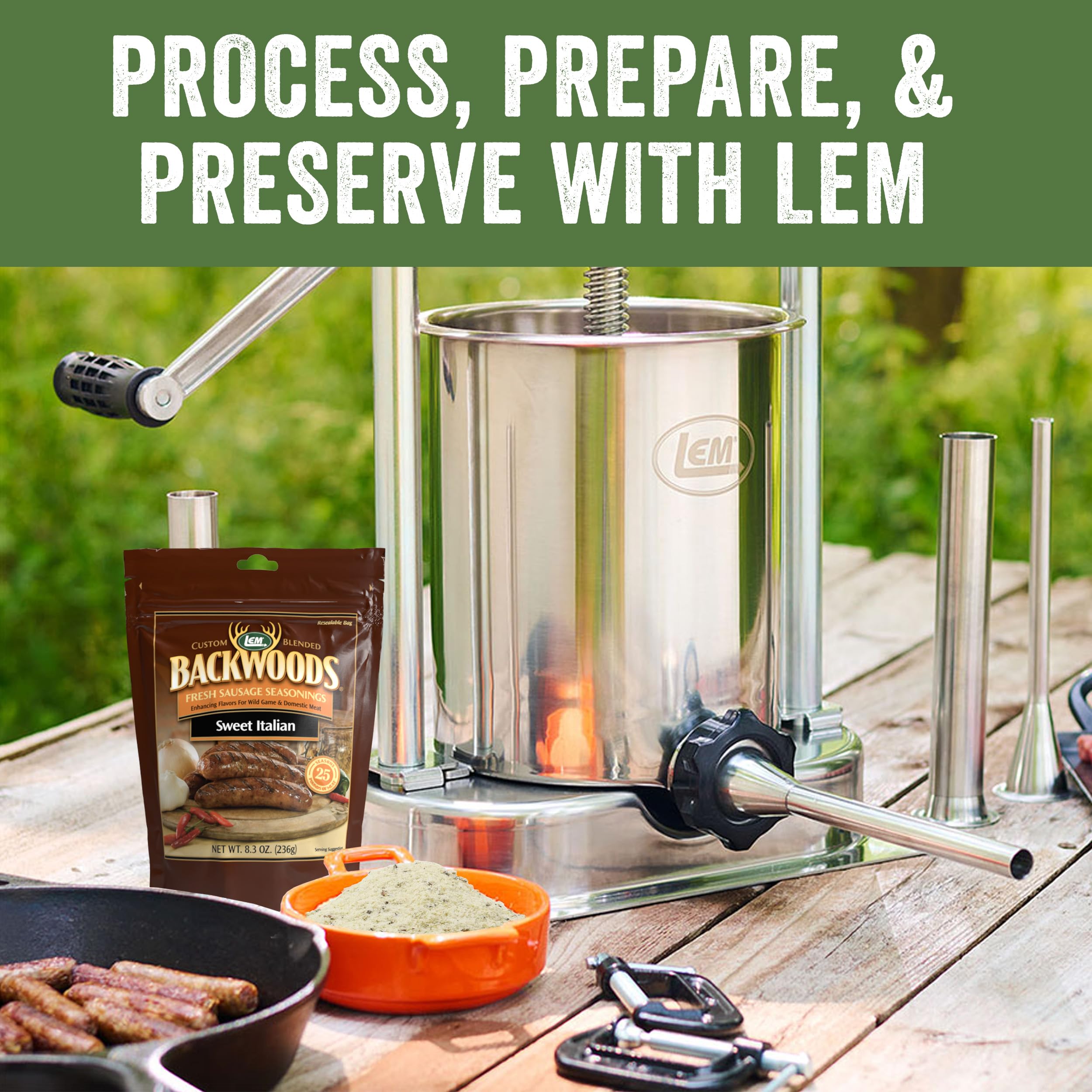 LEM sausage patties grilling to show browning and flavor development from seasoning