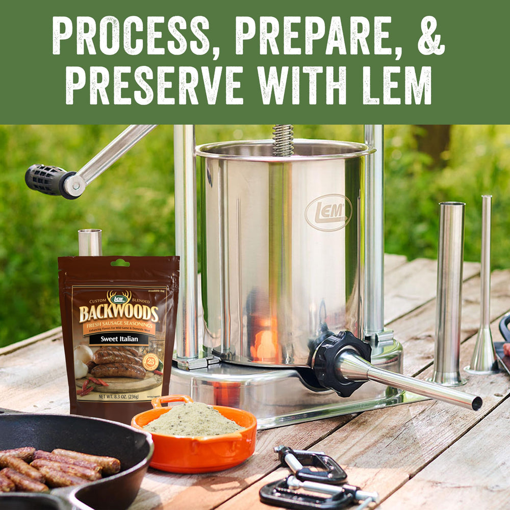 LEM sausage patties grilling to show browning and flavor development from seasoning