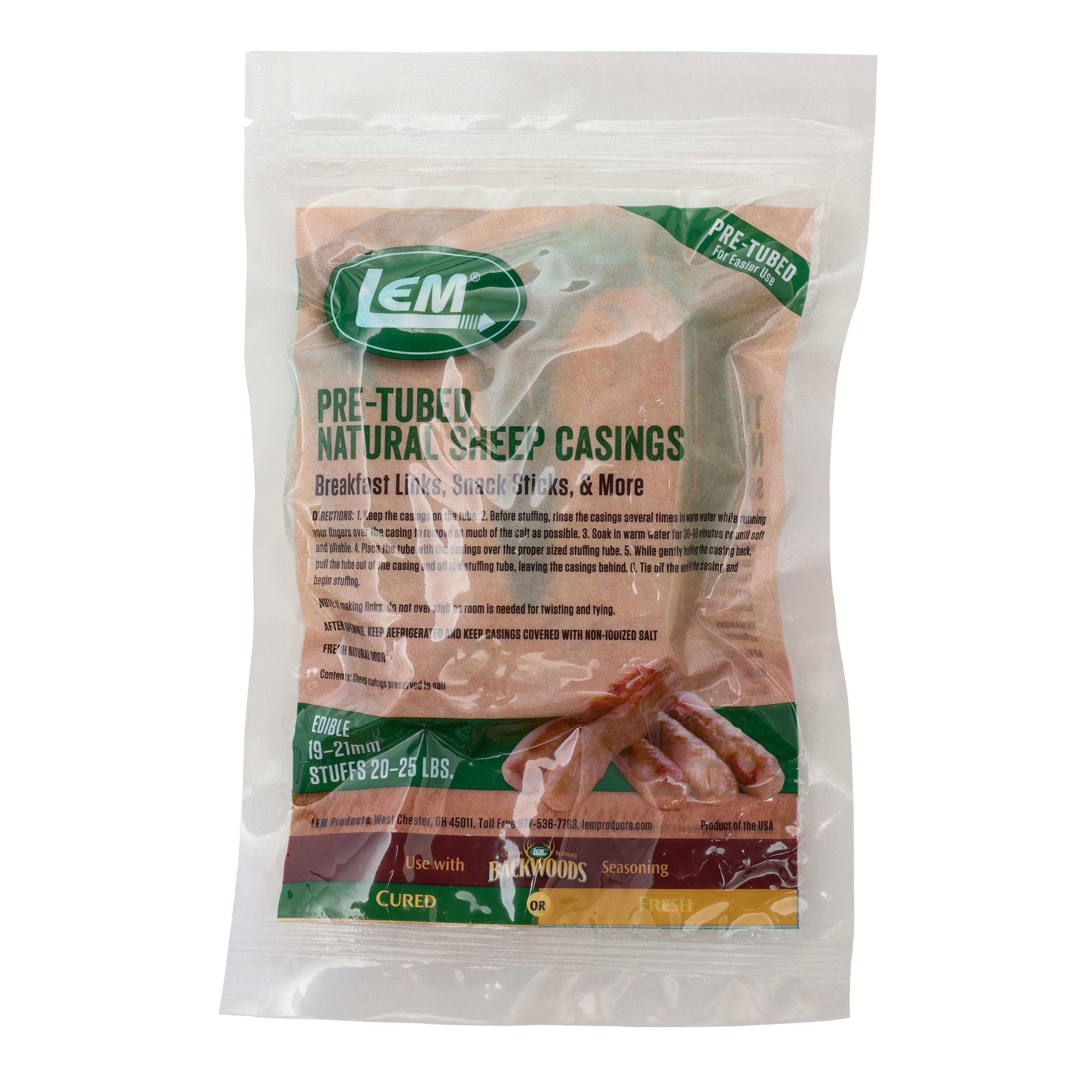 LEM front packaging showing pre-tubed sheep casings for quick setup and reliability