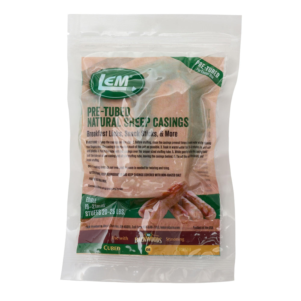 LEM front packaging showing pre-tubed sheep casings for quick setup and reliability