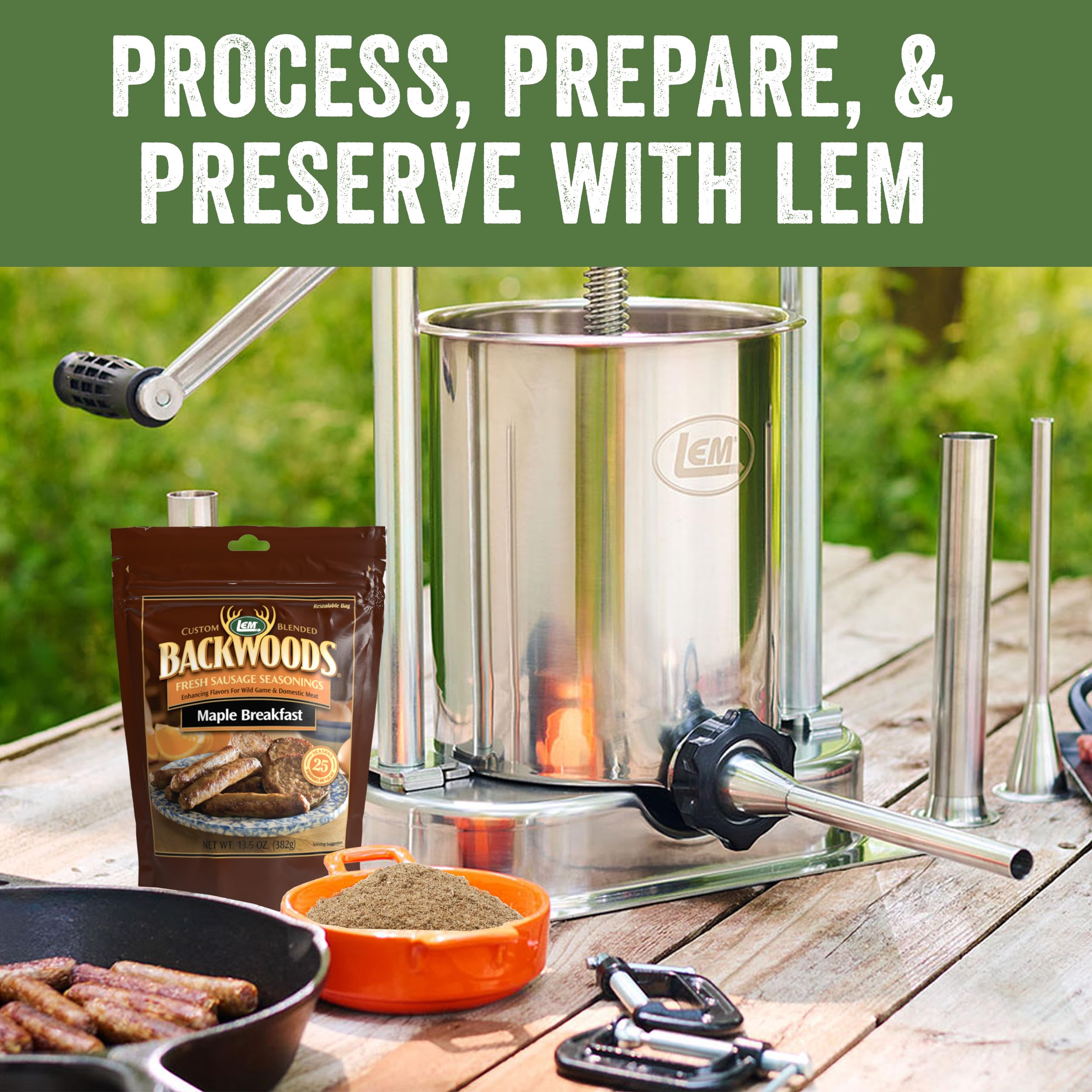 LEM packet beside scale and meat, illustrates how much 13.5 oz seasons