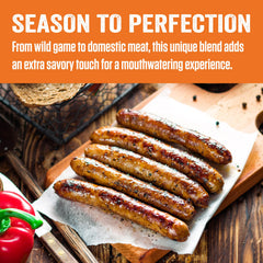 LEM sausage links in natural casings ready to cook, demonstrates stuffing result