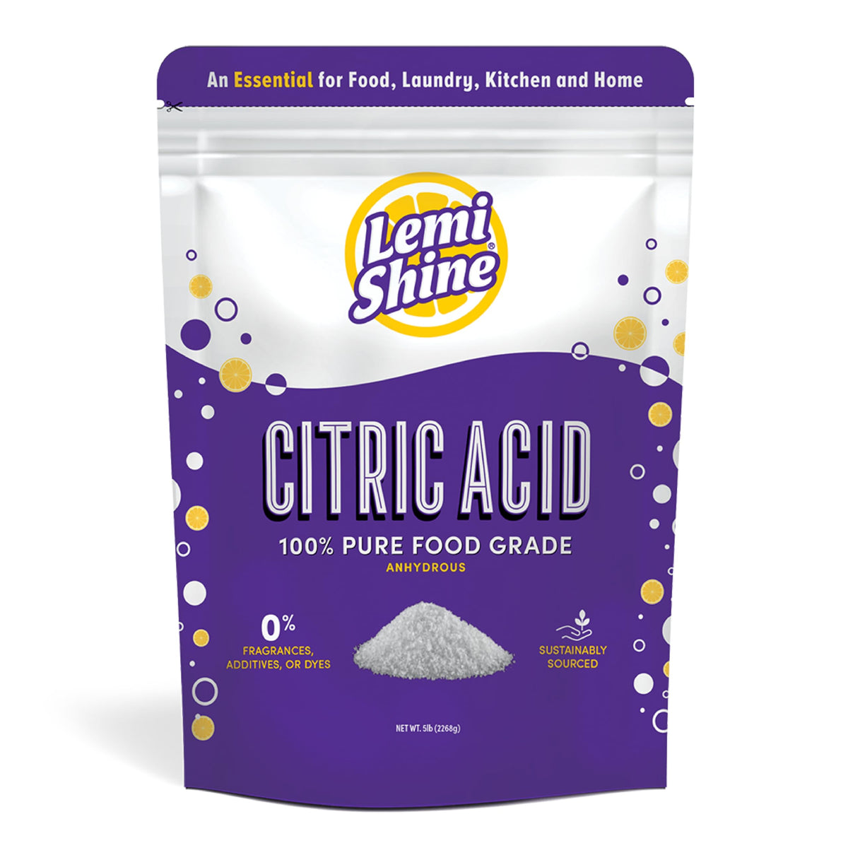 Lemi Shine front view of 5 lb pail showing label and resealable lid for convenient storage