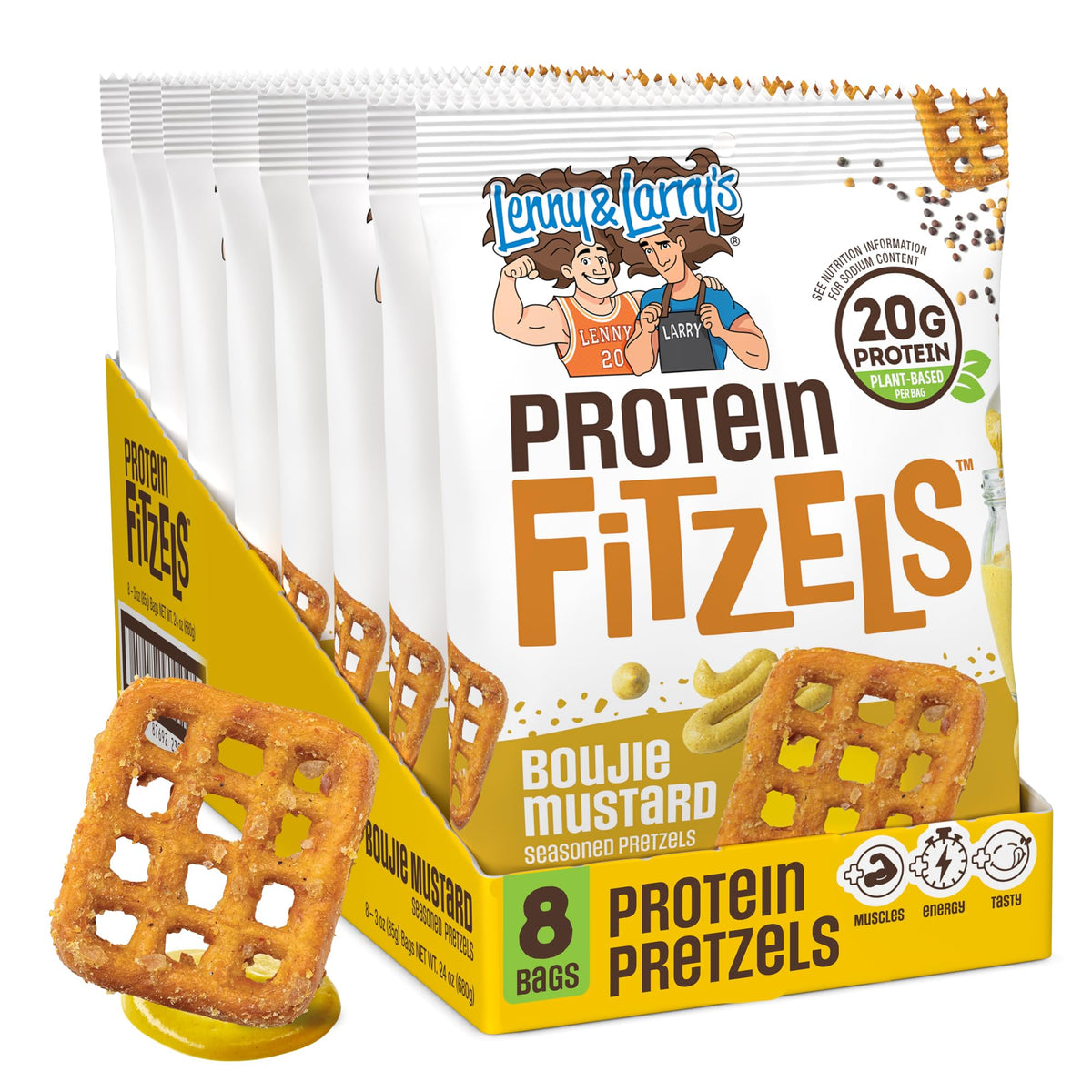 Lenny & Larry's front packaging showing box of boujie mustard FITZELS with bold protein claim