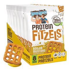 Lenny & Larry's front packaging showing box of boujie mustard FITZELS with bold protein claim