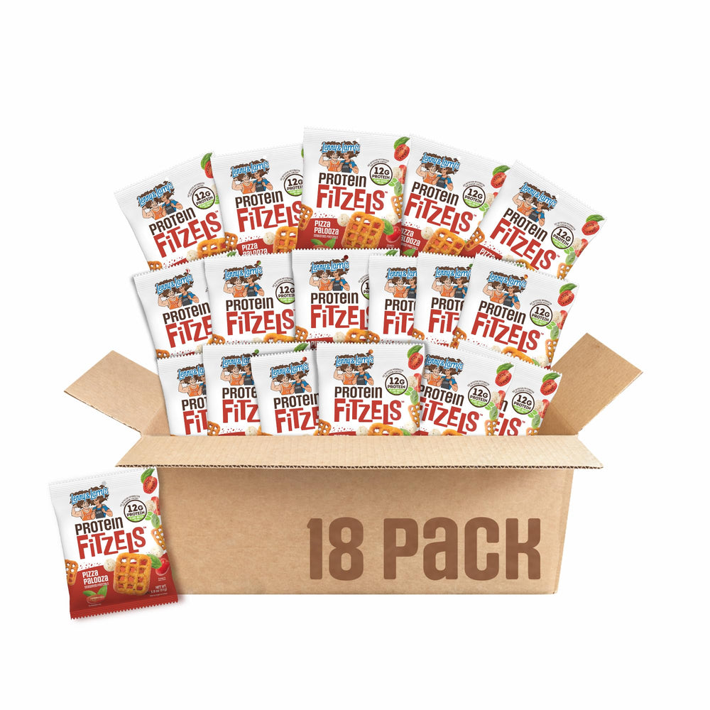 Lenny & Larry's front packaging showing box of FITZELS for pantry convenience