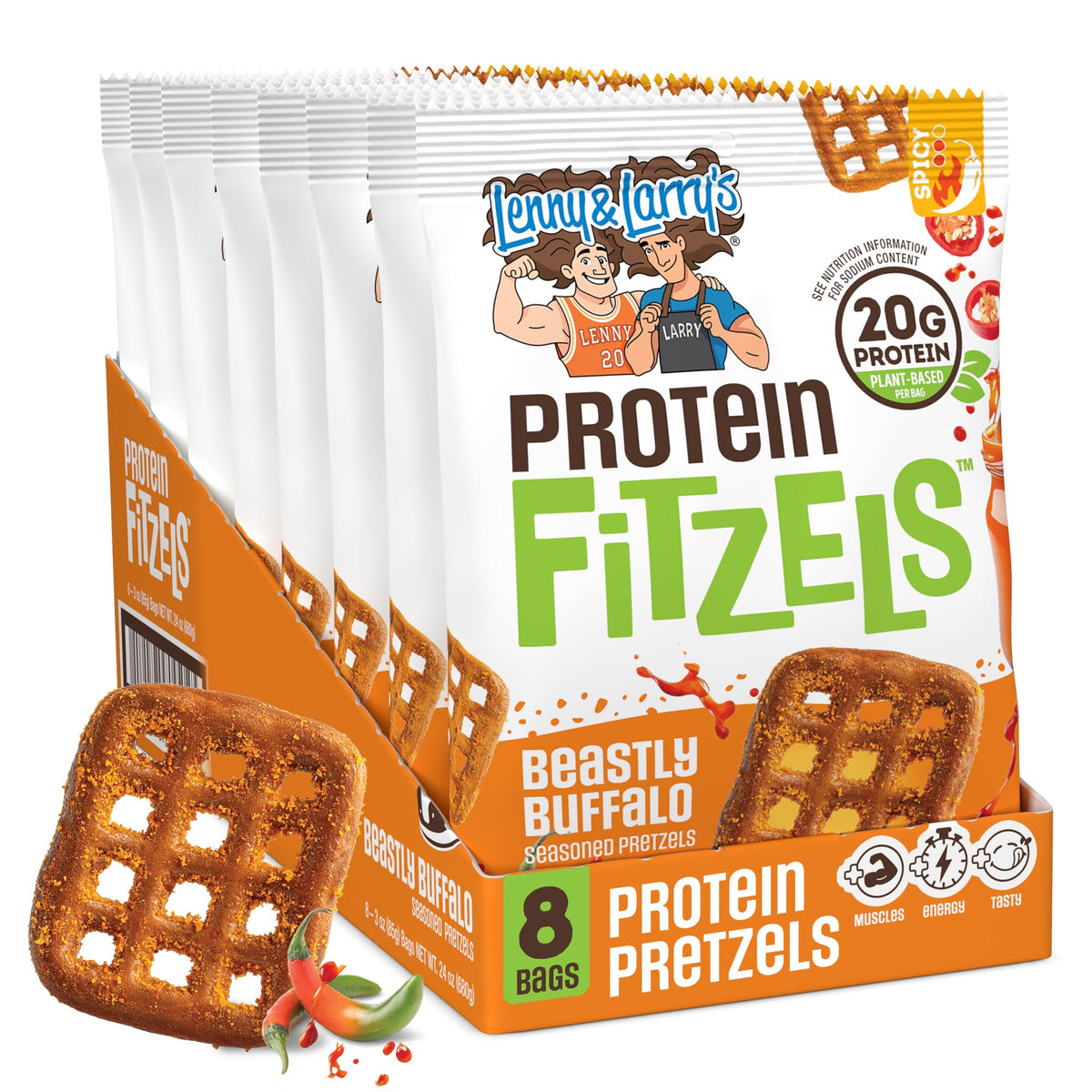 Lenny & Larry's front packaging showing 8-pack, highlights convenience