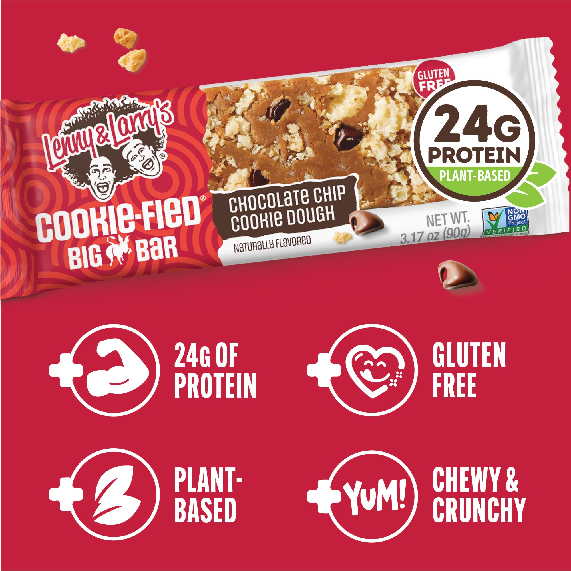 Lenny & Larry's visible chocolate chips and cookie dough pieces texture, emphasizes indulgent flavor benefit