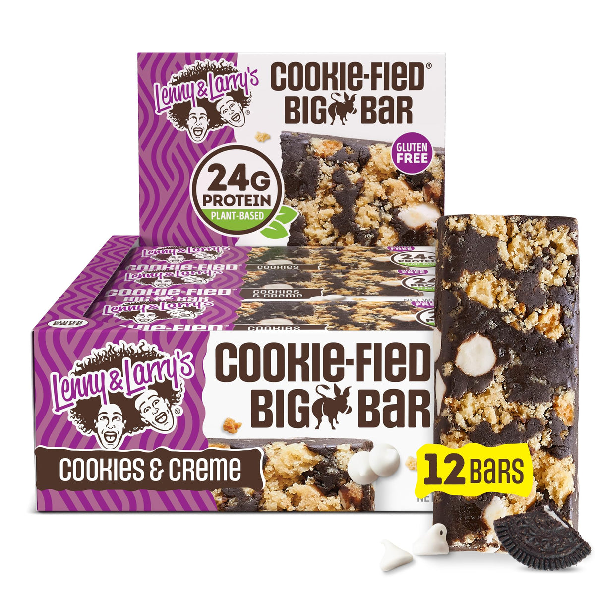 Lenny & Larry's front packaging showing Cookies & Creme big bar and protein highlight