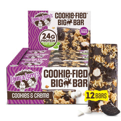 Lenny & Larry's front packaging showing Cookies & Creme big bar and protein highlight