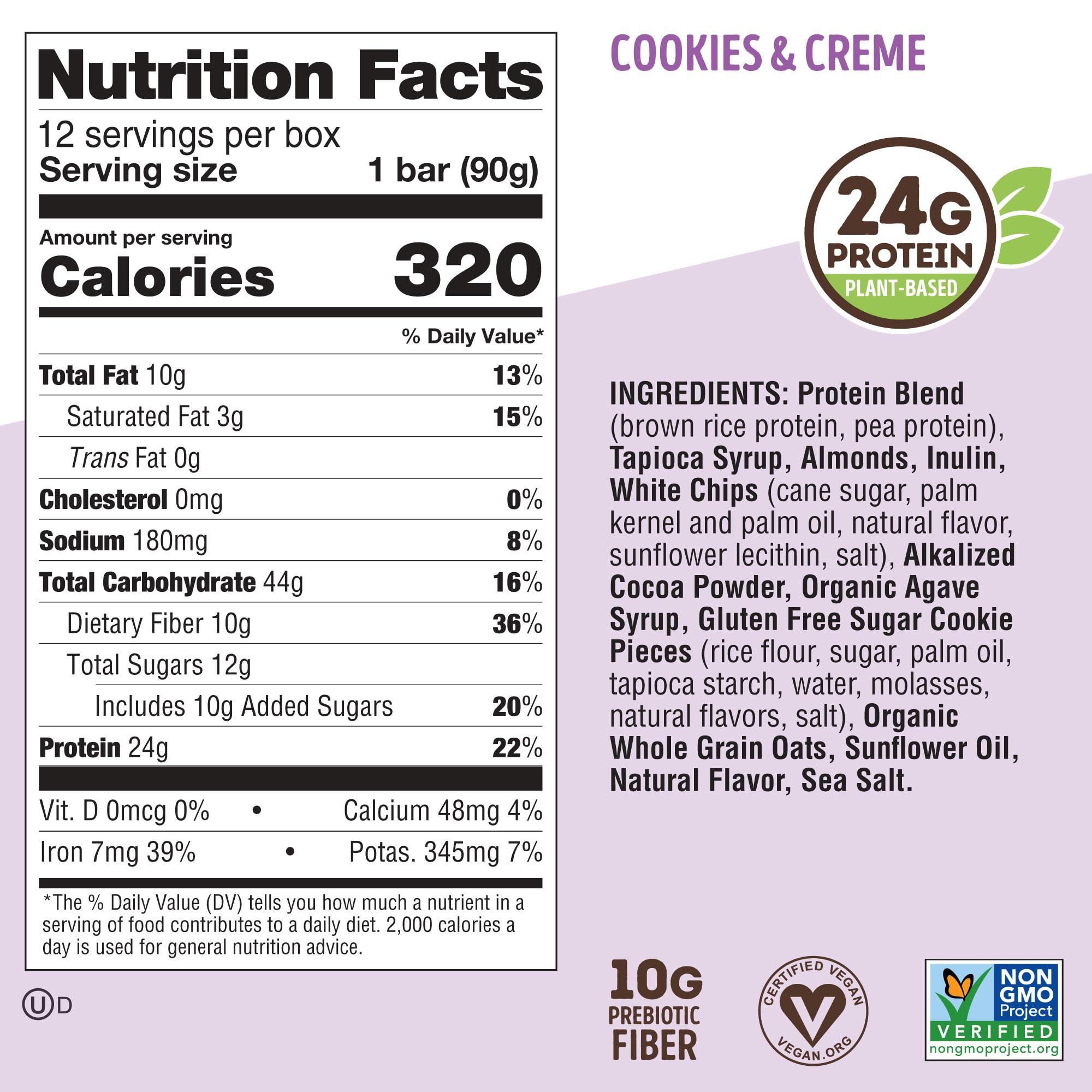 Lenny & Larry's ingredients label closeup showing vegan and gluten-free benefits