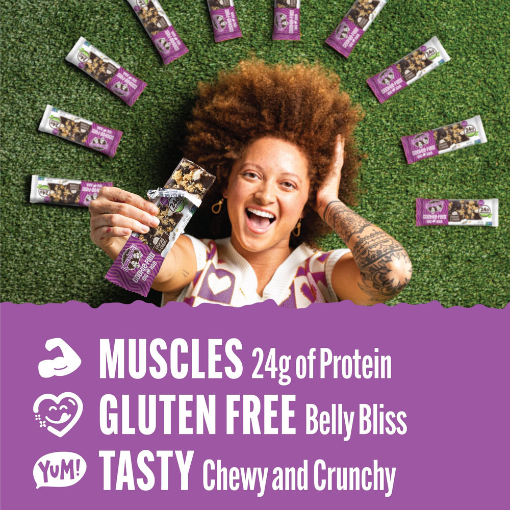 Lenny & Larry's unwrapped bar texture showing chewy chips for satisfying bites