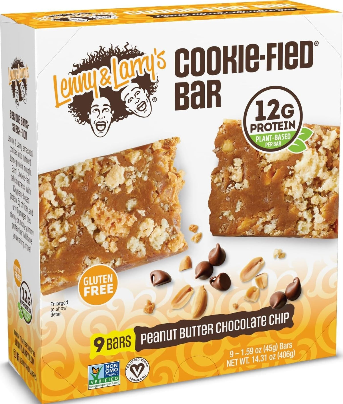 Lenny & Larry's front box showing nine peanut butter chocolate chip bars, convenient snack