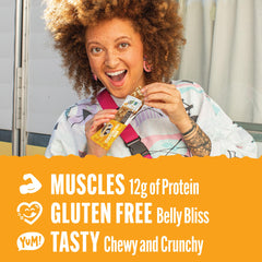 Lenny & Larry's single unwrapped bar revealing soft chew and chocolate chips, satisfying protein