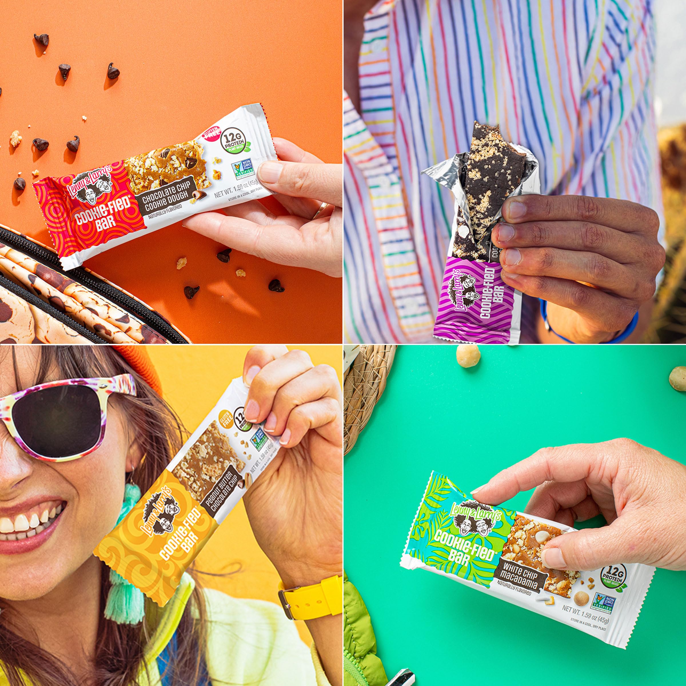 Lenny & Larry's close-up of chewy bar texture with crunchy cookie pieces for satisfaction