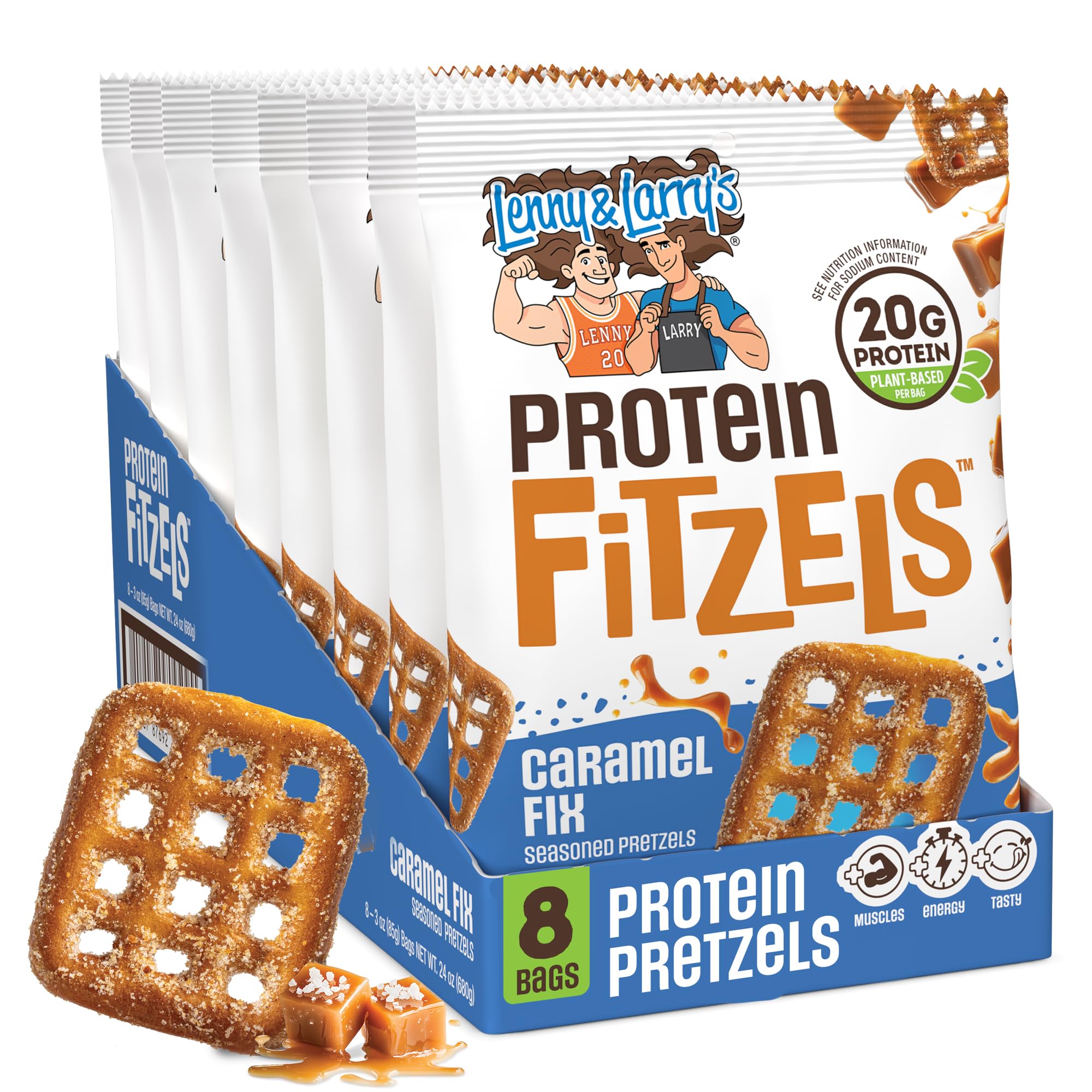 Lenny & Larry's front packaging showing caramel pretzel bags and convenience