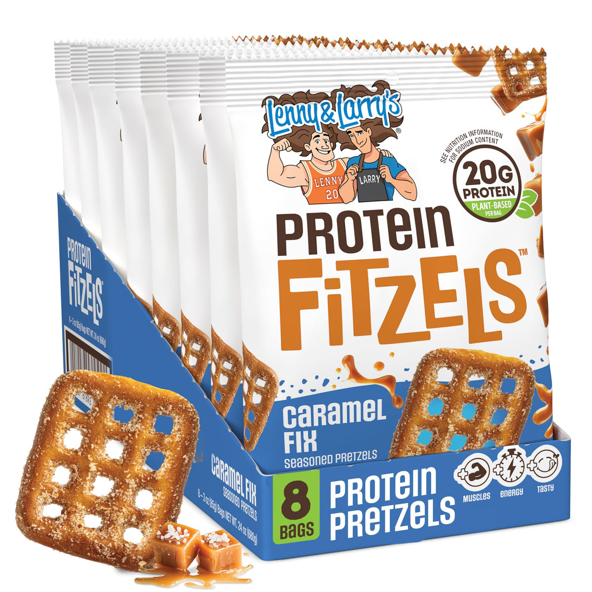 Lenny & Larry's front packaging showing caramel pretzel bags and convenience
