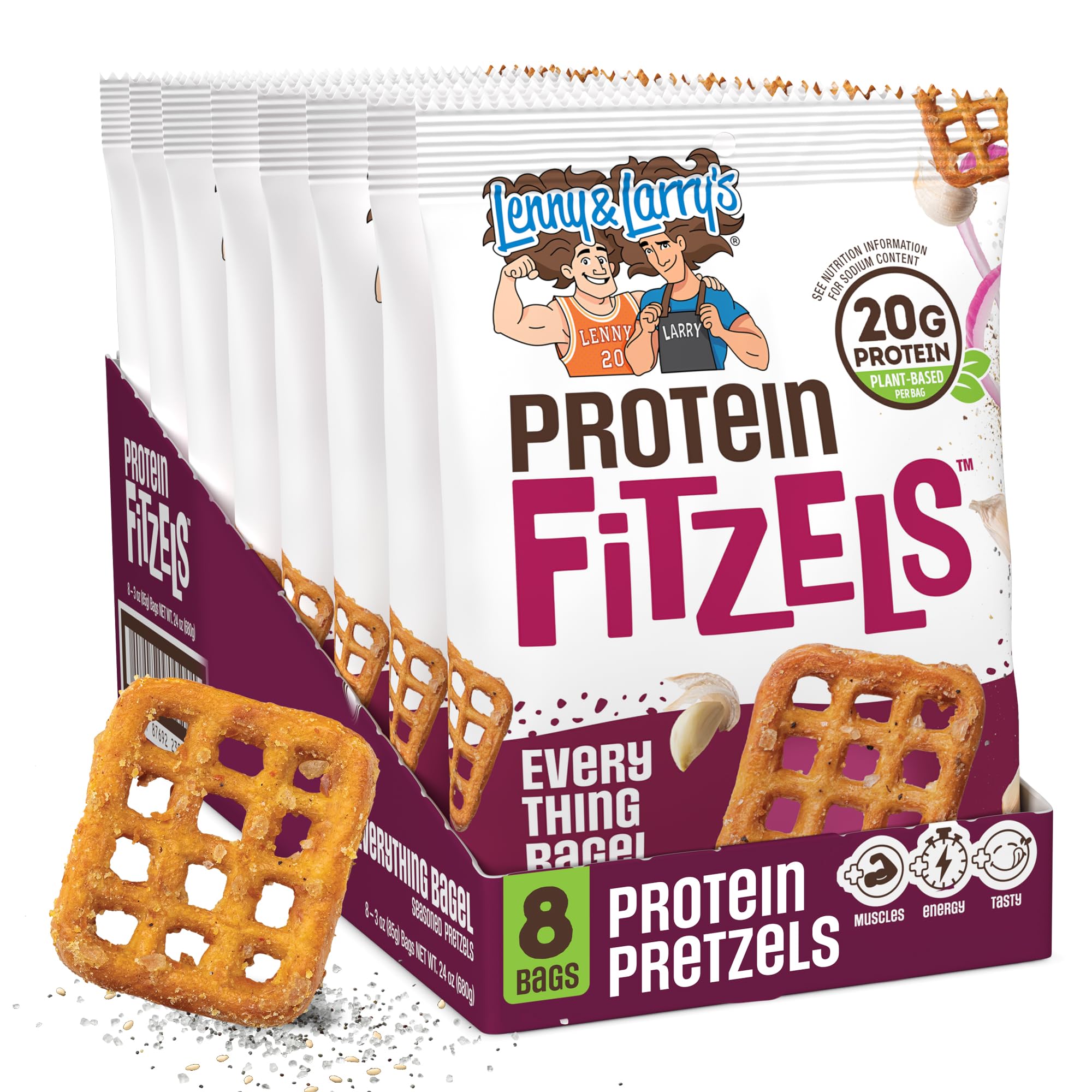 Lenny & Larry's front box showing FITZELS everything bagel packaging and protein highlight