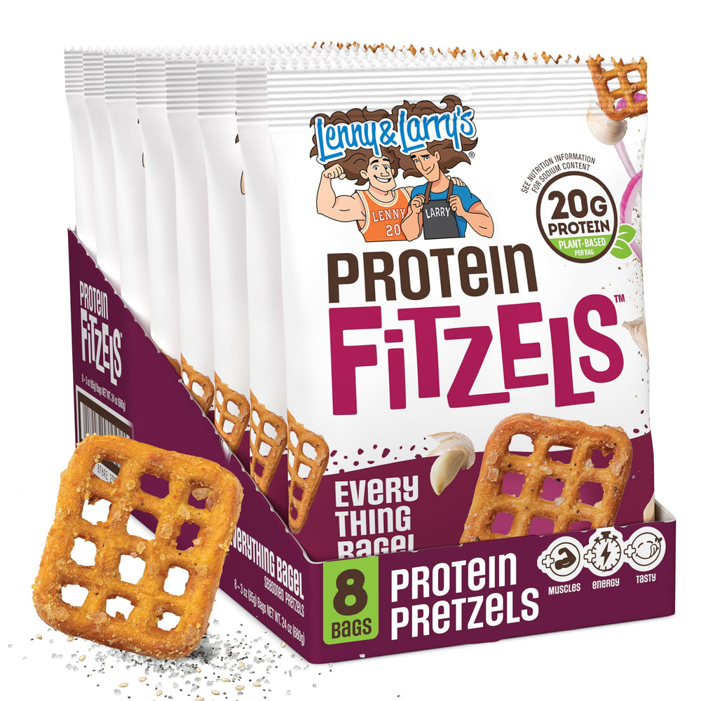 Lenny & Larry's front box showing FITZELS everything bagel packaging and protein highlight