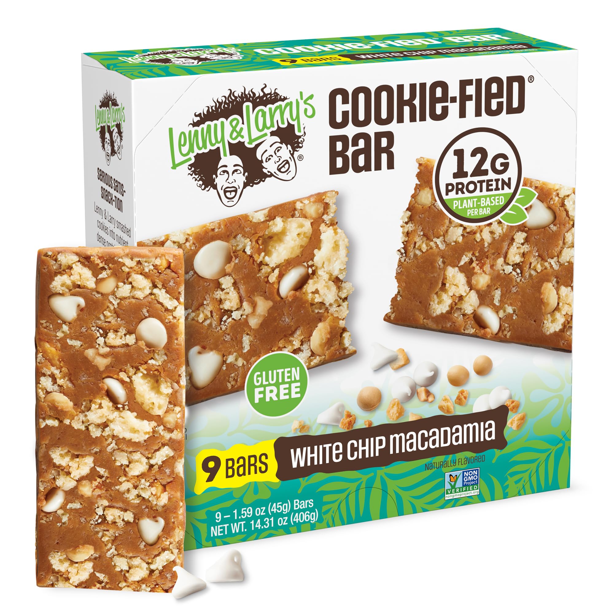 Lenny & Larry's front box showing nine White Chip Macadamia bars and clear branding benefit: grab-and-go protein
