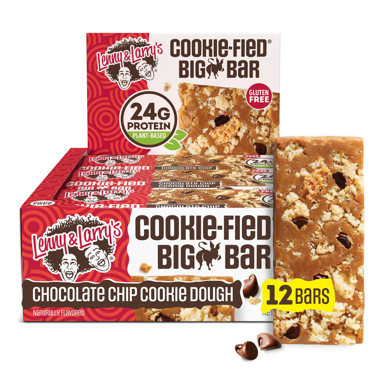 Lenny & Larry's front packaging of Cookie-fied BIG BAR showing box and individual wraps, clear product identity benefit