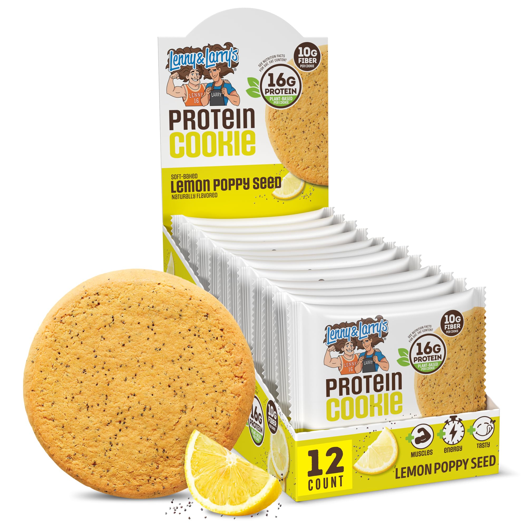 Lenny & Larry's front packaging showing lemon poppy seed cookie and benefits