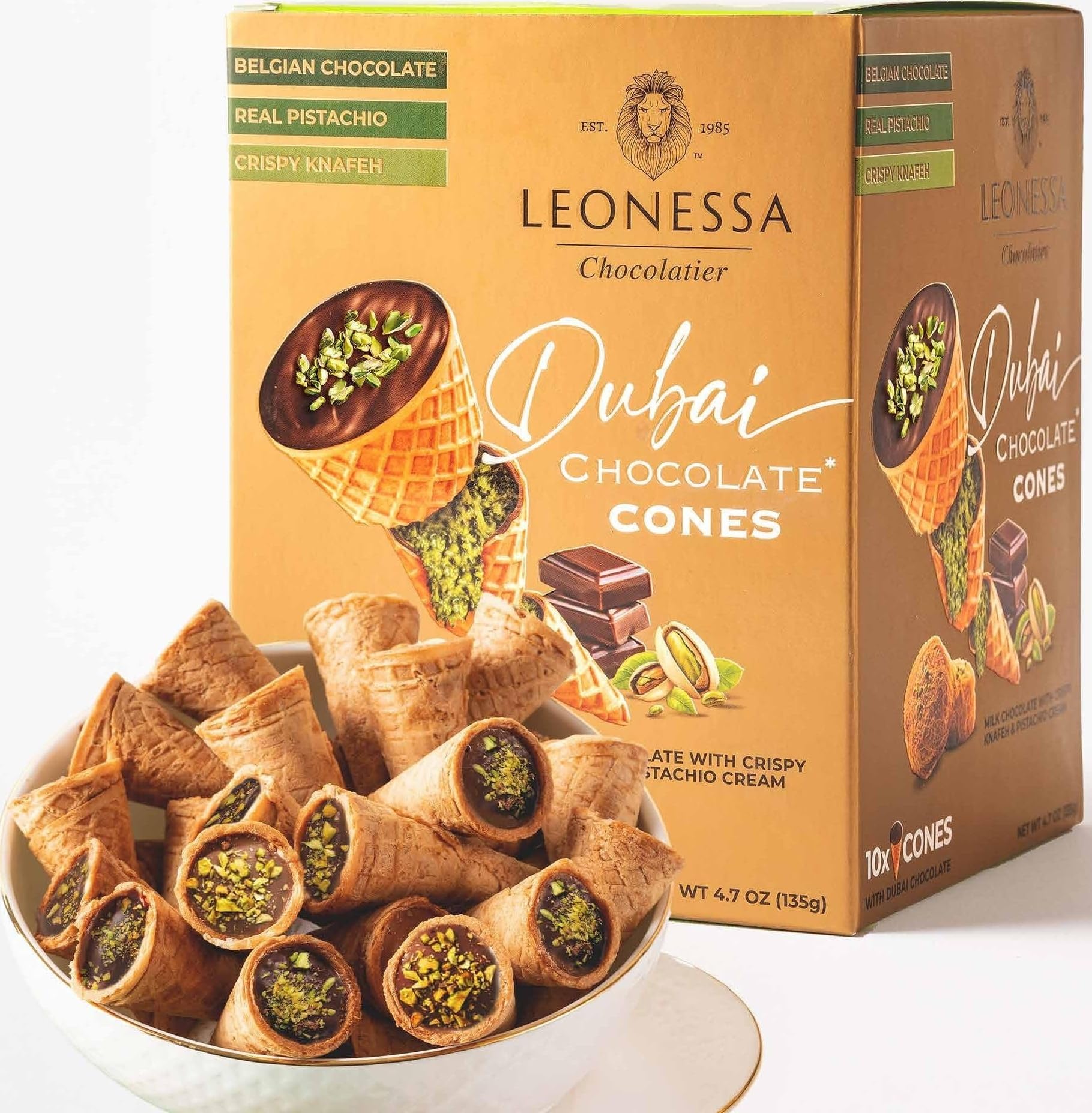 Leonessa front packaging of Dubai chocolate cones showing premium gift-ready box and branding