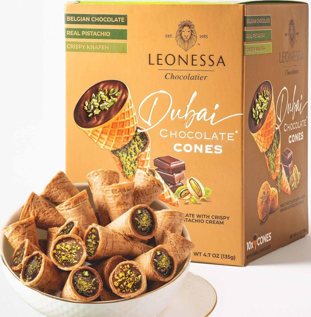 Leonessa front packaging of Dubai chocolate cones showing premium gift-ready box and branding
