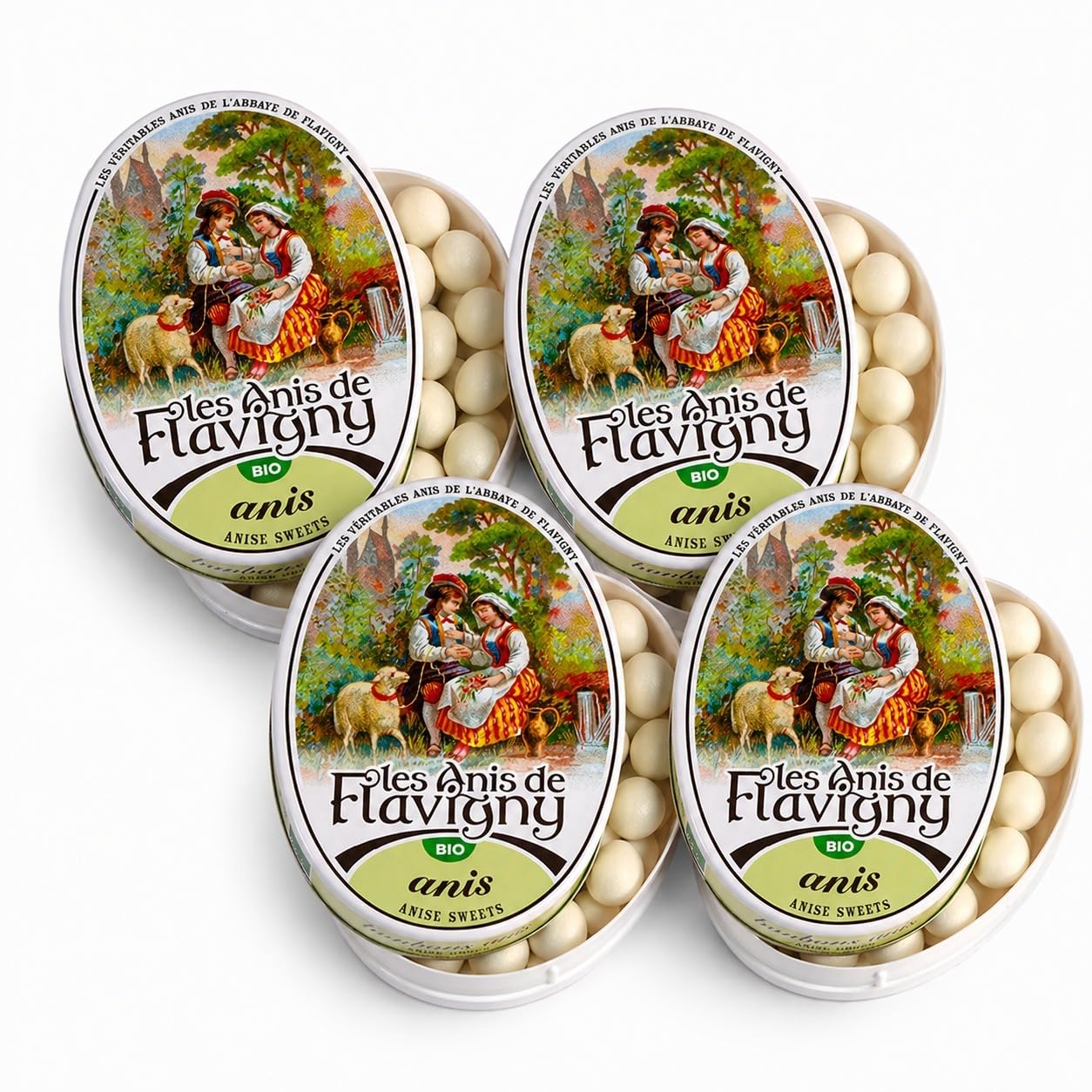Les Anis de Flavigny front tin showing vintage artwork and collectible appeal