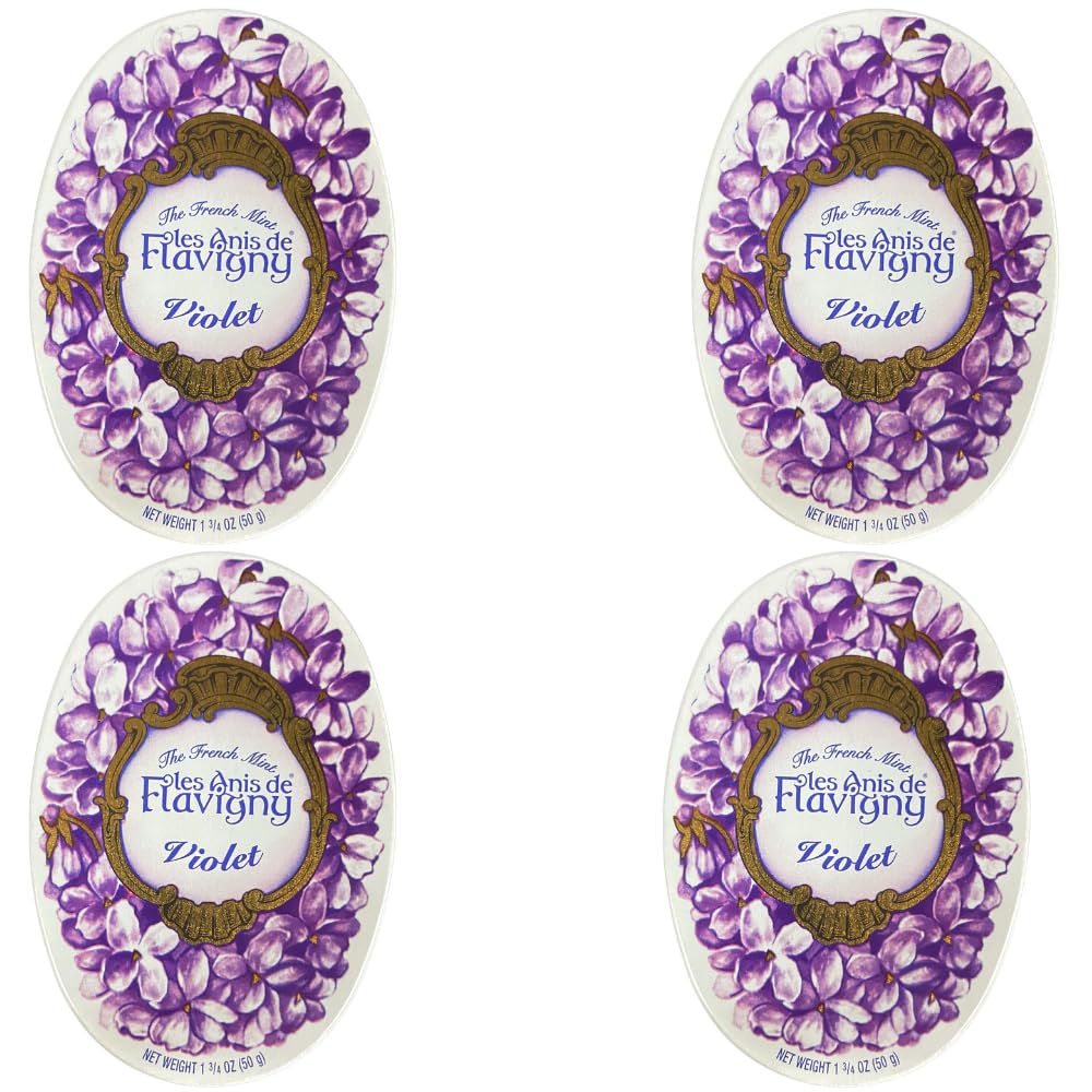 Les Anis de Flavigny front tin showing vintage artwork and violet label for display benefits