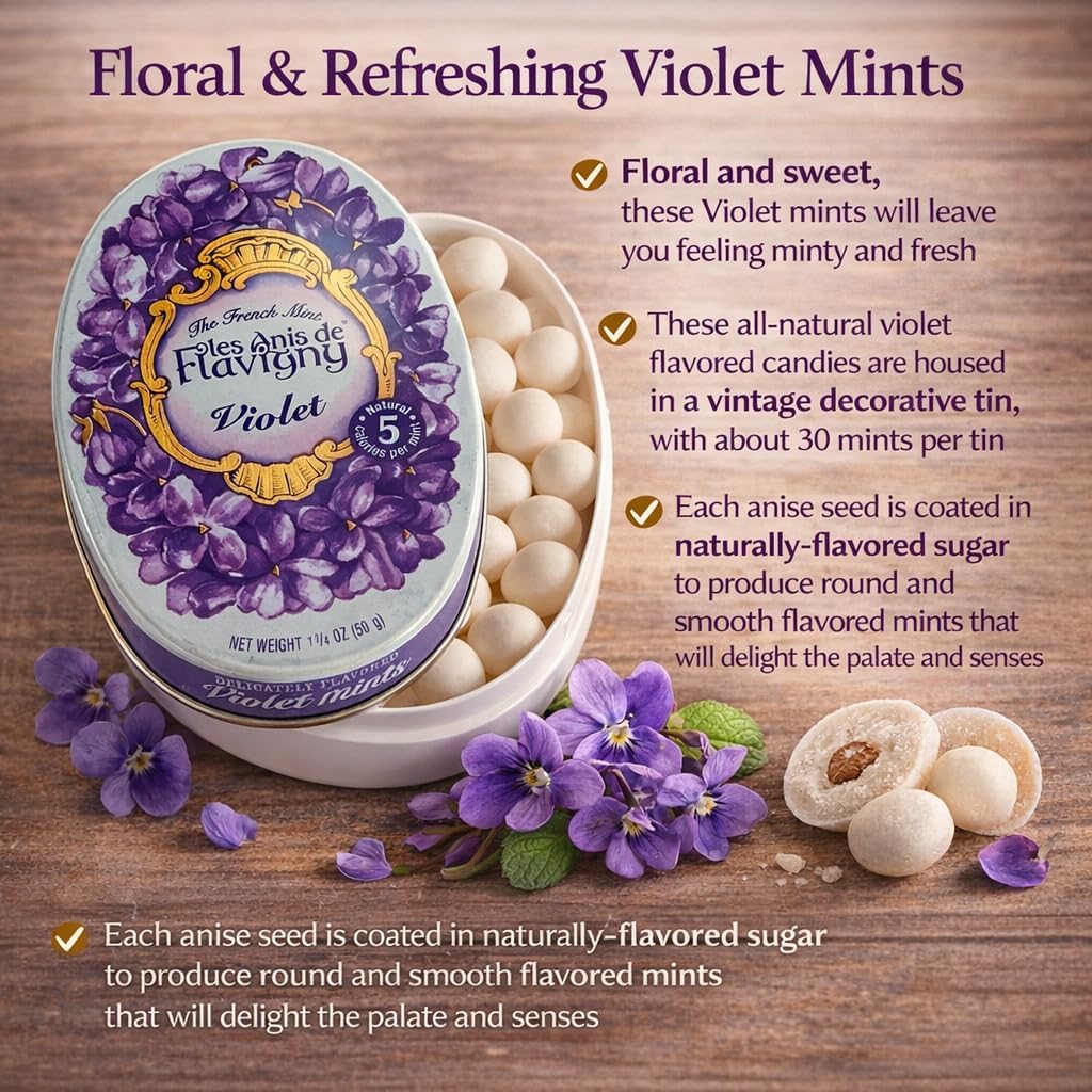 Les Anis de Flavigny open tin with violet candies visible offering portable gifting appeal
