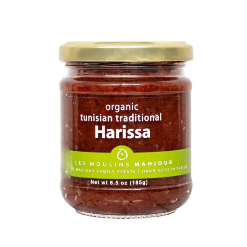 Les Moulins Mahjoub jar front label showing organic harissa and benefit of authentic flavor
