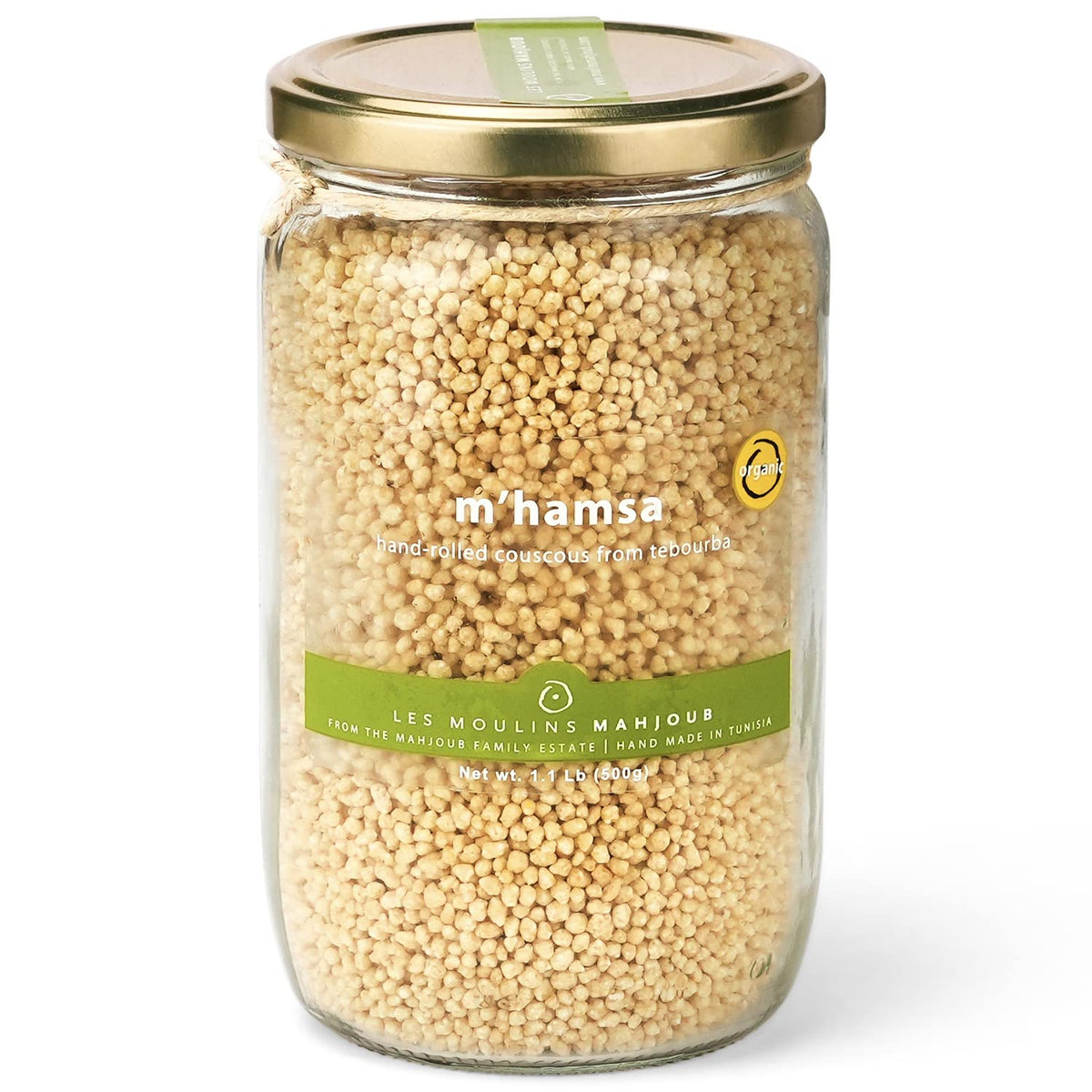 Les Moulins Mahjoub front packaging showing organic hand-rolled couscous with artisanal benefit