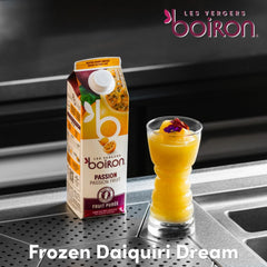 Les Vergers Boiron passion fruit sorbet plated, adds bright tropical flavor
