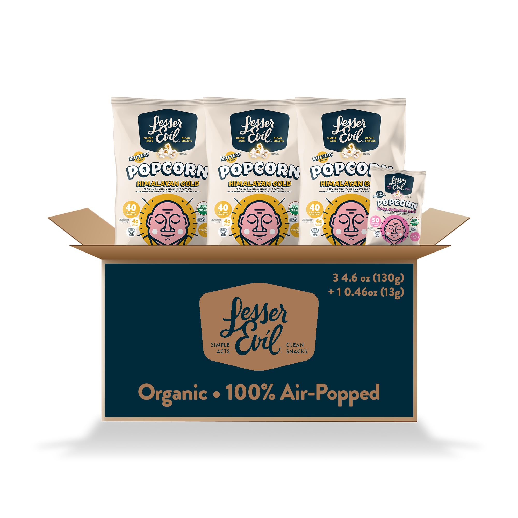 LesserEvil front packaging showing Gold and Pink Salt variety, clear ingredient benefit