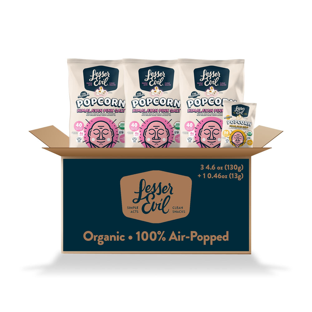 LesserEvil front packaging showing three pink and one gold bag, convenient variety