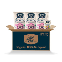 LesserEvil front packaging showing three pink and one gold bag, convenient variety