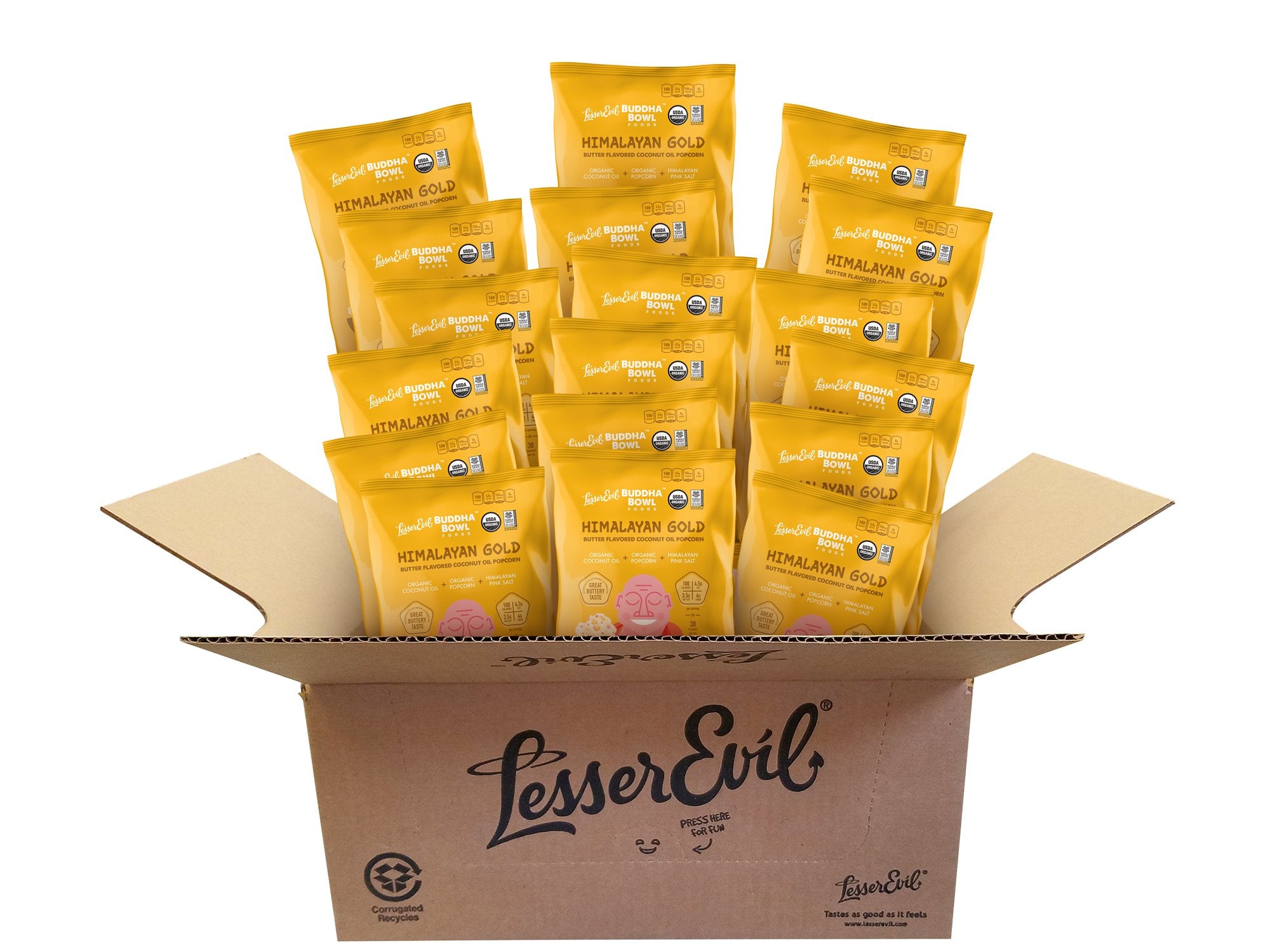 LesserEvil front packaging showing single-serve snack bags and clean ingredients for mindful snacking